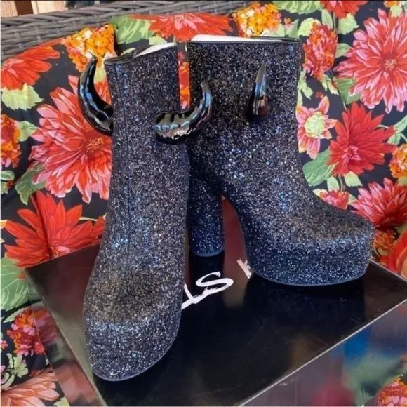 Dolls Kill Doin the Devil Horned Platform Glitter Boots