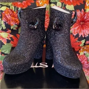 Dolls Kill Doin the Devil Horned Platform Glitter Boots
