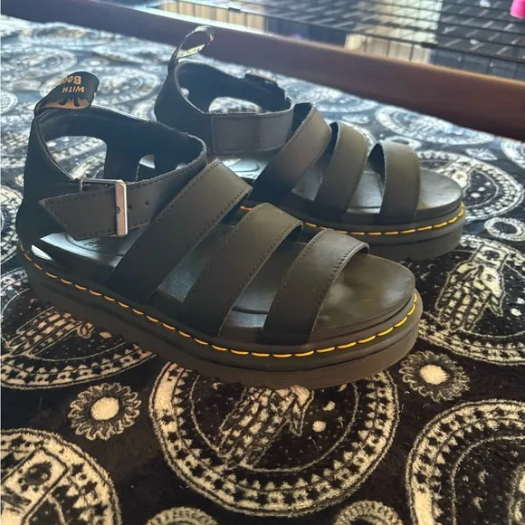 Dr. Martens Black Sandals with Yellow Stitching