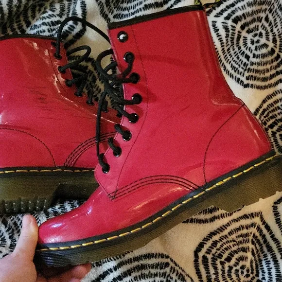 Dr. Martens Bright Cherry Red Patent Leather Grunge Punk Goth Lace Up Boots