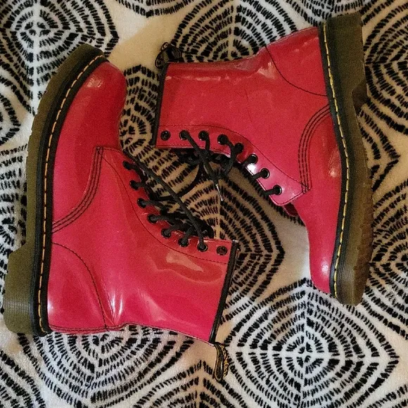 Dr. Martens Bright Cherry Red Patent Leather Grunge Punk Goth Lace Up Boots