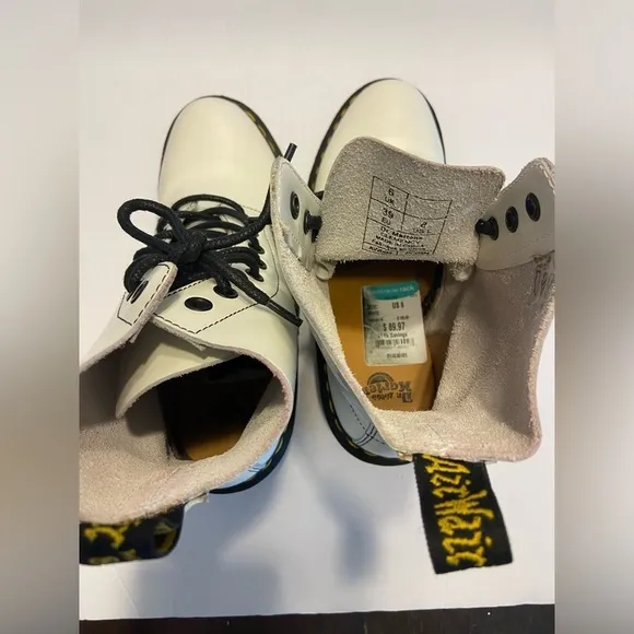Dr. Martens Clemency 8 White Black Leather Heeled Combat Boots Lace Up Chunky