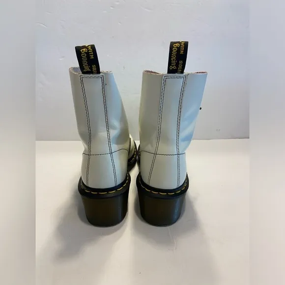 Dr. Martens Clemency 8 White Black Leather Heeled Combat Boots Lace Up Chunky