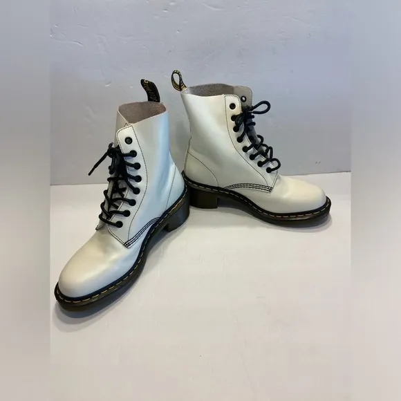 Dr. Martens Clemency 8 White Black Leather Heeled Combat Boots Lace Up Chunky