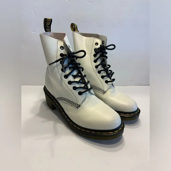 Dr. Martens Clemency 8 White Black Leather Heeled Combat Boots Lace Up Chunky