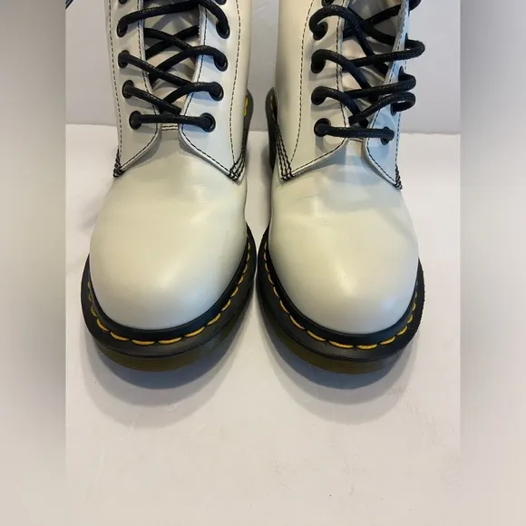 Dr. Martens Clemency 8 White Black Leather Heeled Combat Boots Lace Up Chunky