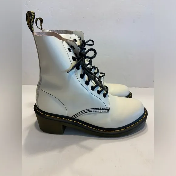 Dr. Martens Clemency 8 White Black Leather Heeled Combat Boots Lace Up Chunky