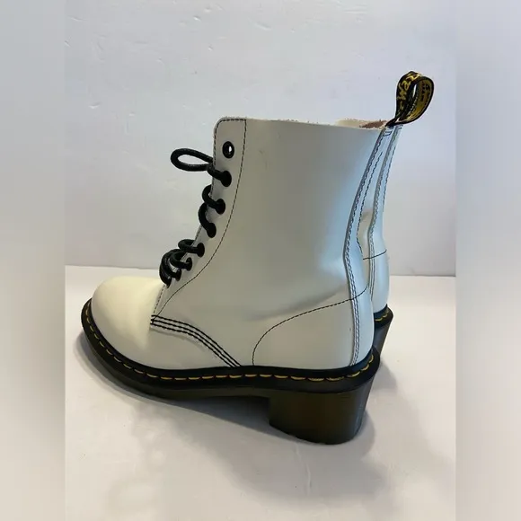Dr. Martens Clemency 8 White Black Leather Heeled Combat Boots Lace Up Chunky