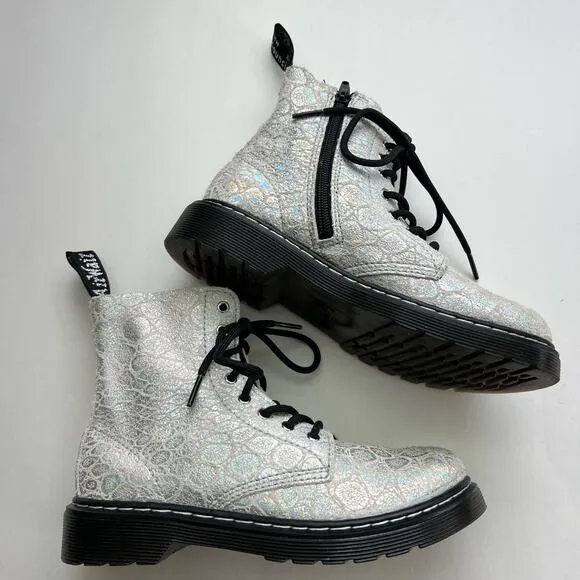 Dr Martens Junior Pascal Metallic Suede Ankle Boots Chunky White Silver | Size 3