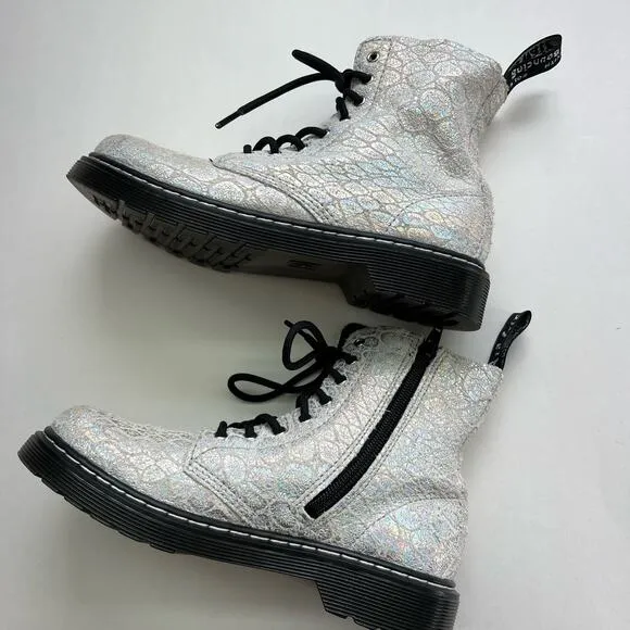 Dr Martens Junior Pascal Metallic Suede Ankle Boots Chunky White Silver | Size 3