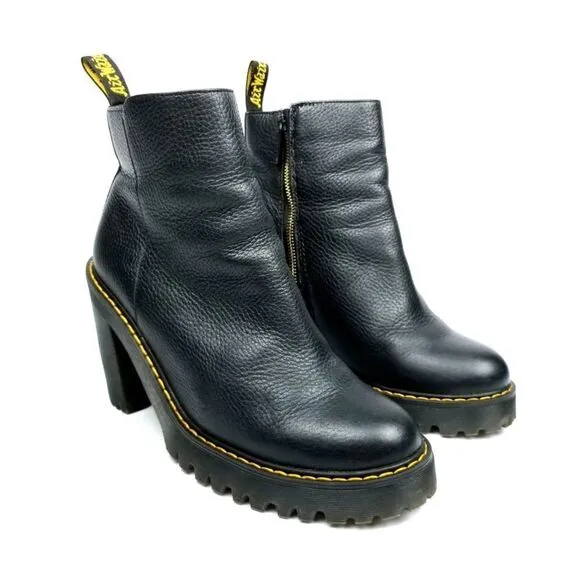 Dr. Martens Magdalena Black Leather Chunky Heel Zip Up Chelsea Boots Women 10