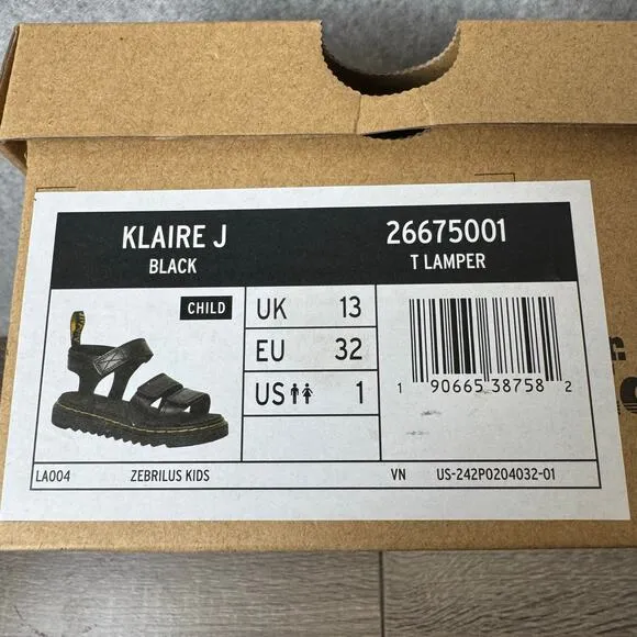 Dr Martens Sandals Girls Size 1 Klaire Black Leather Strap New In Box Chunky