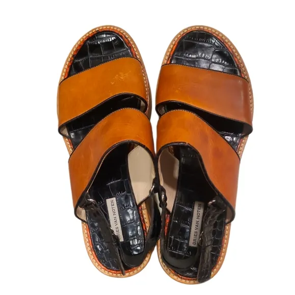 DRIES VAN NOTEN | Brown   Black Leather Slingback Sandals in Size EU 38.5 / US 8
