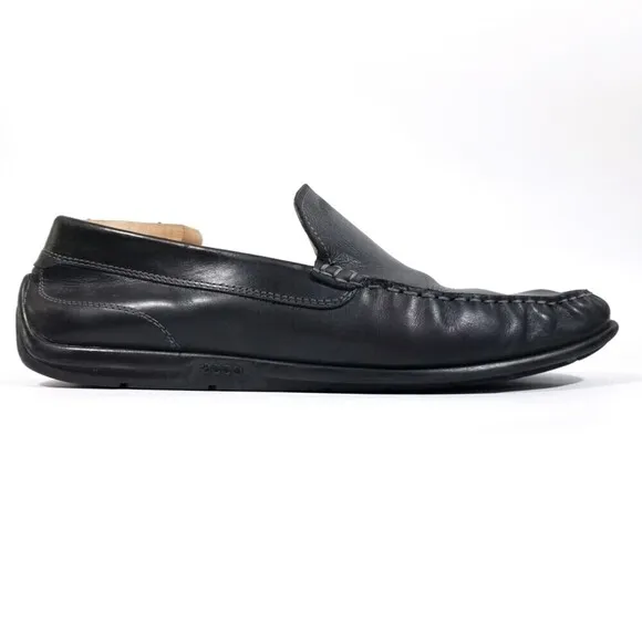 ecco Black Leather Moccasin Slip On Loafers Driving Shoes Old Money Quiet Luxury