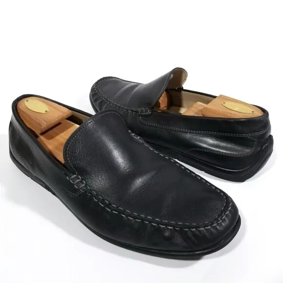 ecco Black Leather Moccasin Slip On Loafers Driving Shoes Old Money Quiet Luxury