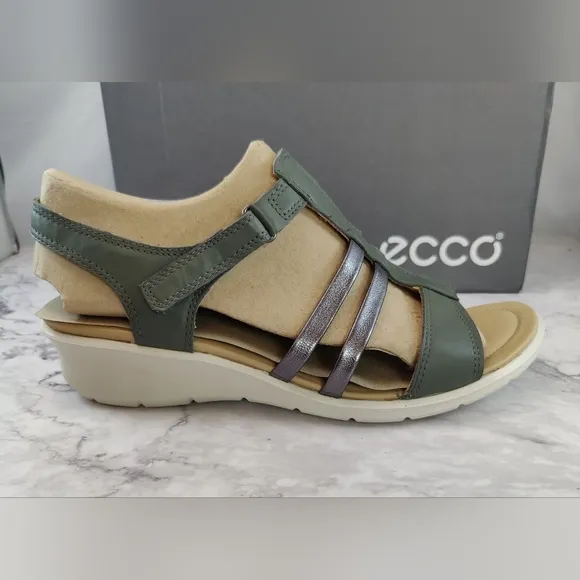 Ecco Felicia Leather Sandals Moon/Dk Shadow Green/Metallic 41 US 10-10.5.  NIB