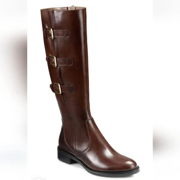 ECCO Women's Hobart Buckle leather knee high boots in Mink Brown. Size 9