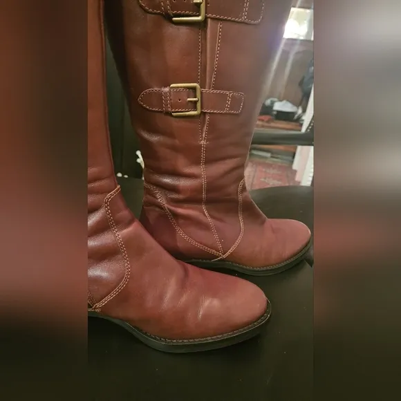 ECCO Women's Hobart Buckle leather knee high boots in Mink Brown. Size 9