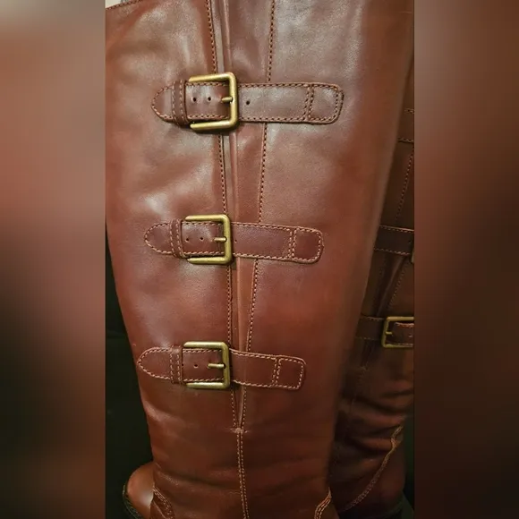 ECCO Women's Hobart Buckle leather knee high boots in Mink Brown. Size 9