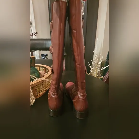 ECCO Women's Hobart Buckle leather knee high boots in Mink Brown. Size 9