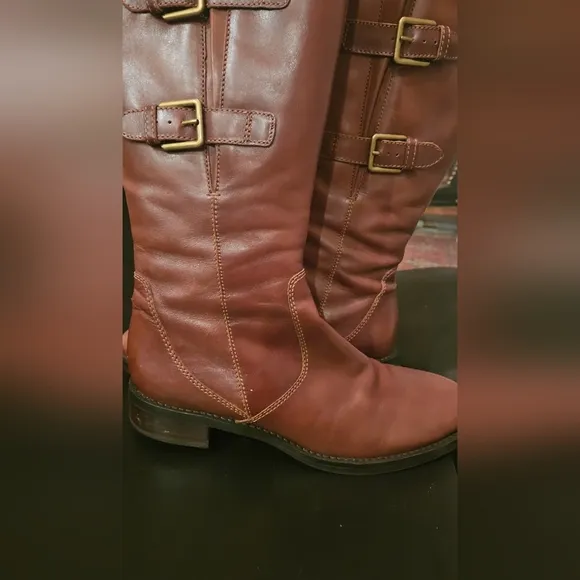 ECCO Women's Hobart Buckle leather knee high boots in Mink Brown. Size 9