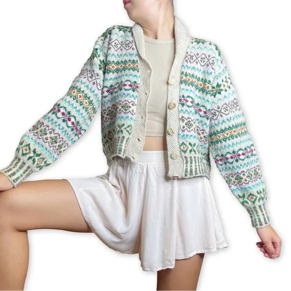 Edinburgh Thistle &amp; Broom Heritage Fair Isle Wool Cardigan Sweater Fits S