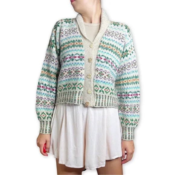Edinburgh Thistle &amp; Broom Heritage Fair Isle Wool Cardigan Sweater Fits S