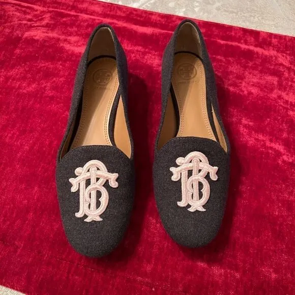 EEUC Tory Burch Antonia Gray &amp; Pink Wool Felt Smoking Style Flats Loafers Size 6