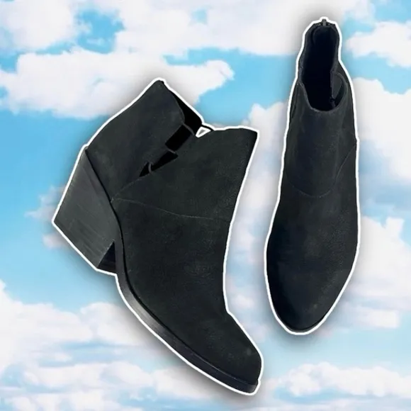 EILEEN FISHER Black Leather Suede Tote Square Heel Ankle Booties Side Cutouts