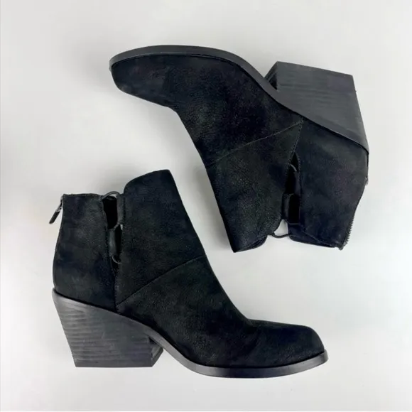 EILEEN FISHER Black Leather Suede Tote Square Heel Ankle Booties Side Cutouts
