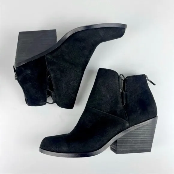 EILEEN FISHER Black Leather Suede Tote Square Heel Ankle Booties Side Cutouts
