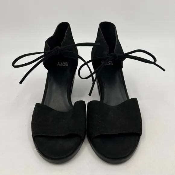 Eileen Fisher Black Suede Peep Toe Heeled Sandals | Size 9.5