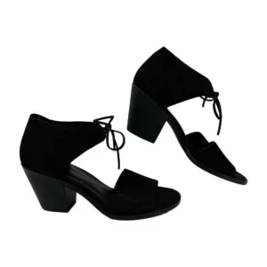 Eileen Fisher Black Suede Peep Toe Heeled Sandals | Size 9.5