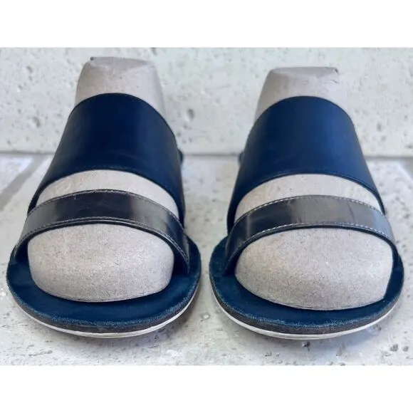 Eileen Fisher Folly Double Band Leather Slide Sandals Black Gold Slip On Sz 8