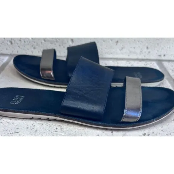 Eileen Fisher Folly Double Band Leather Slide Sandals Black Gold Slip On Sz 8