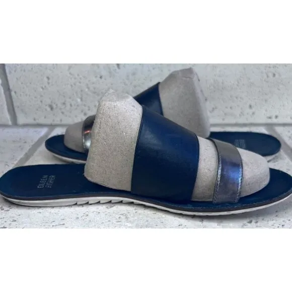 Eileen Fisher Folly Double Band Leather Slide Sandals Black Gold Slip On Sz 8