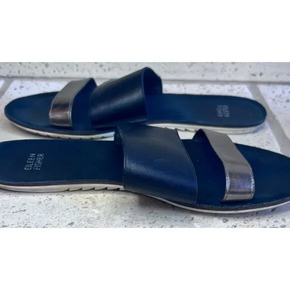 Eileen Fisher Folly Double Band Leather Slide Sandals Black Gold Slip On Sz 8