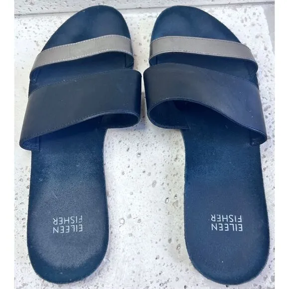 Eileen Fisher Folly Double Band Leather Slide Sandals Black Gold Slip On Sz 8