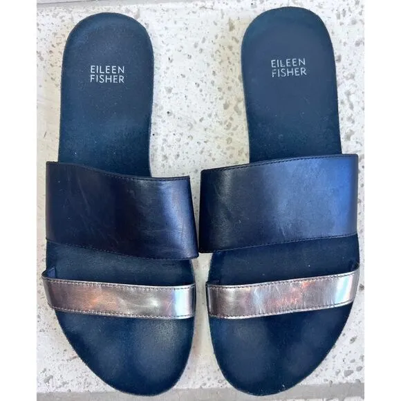 Eileen Fisher Folly Double Band Leather Slide Sandals Black Gold Slip On Sz 8