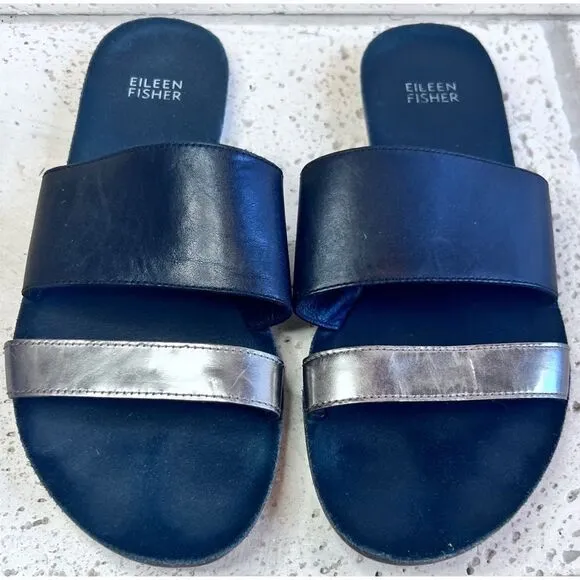 Eileen Fisher Folly Double Band Leather Slide Sandals Black Gold Slip On Sz 8