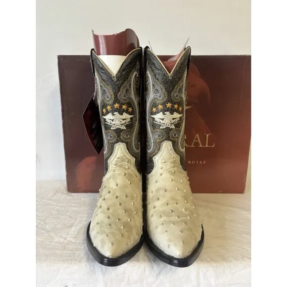 El General Cowboy Boots Brown/Ivory Leather Spot Design Ostrich Skin Mens Sz 6.5