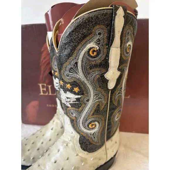 El General Cowboy Boots Brown/Ivory Leather Spot Design Ostrich Skin Mens Sz 6.5
