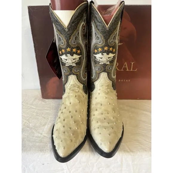 El General Cowboy Boots Brown/Ivory Leather Spot Design Ostrich Skin Mens Sz 6.5