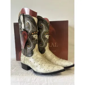 El General Cowboy Boots Brown/Ivory Leather Spot Design Ostrich Skin Mens Sz 6.5