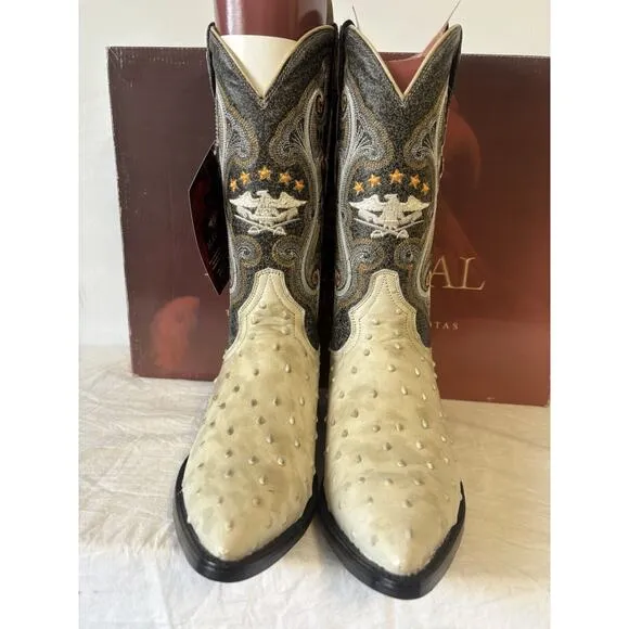El General Cowboy Boots Brown/Ivory Leather Spot Design Ostrich Skin Mens Sz 6.5