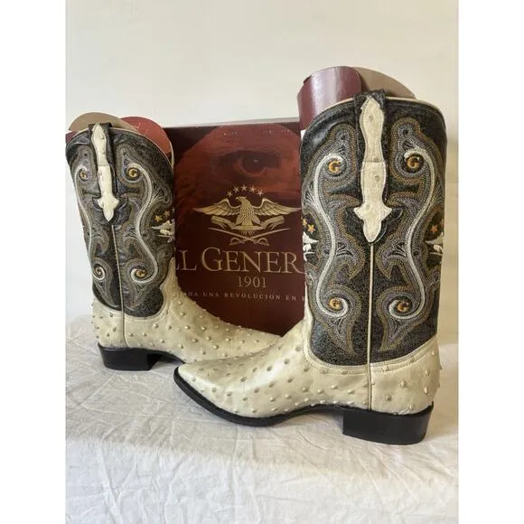 El General Cowboy Boots Brown/Ivory Leather Spot Design Ostrich Skin Mens Sz 6.5