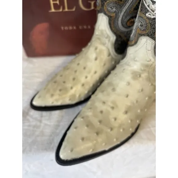 El General Cowboy Boots Brown/Ivory Leather Spot Design Ostrich Skin Mens Sz 6.5