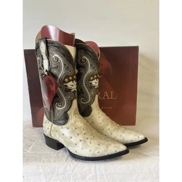 El General Cowboy Boots Brown/Ivory Leather Spot Design Ostrich Skin Mens Sz 6.5