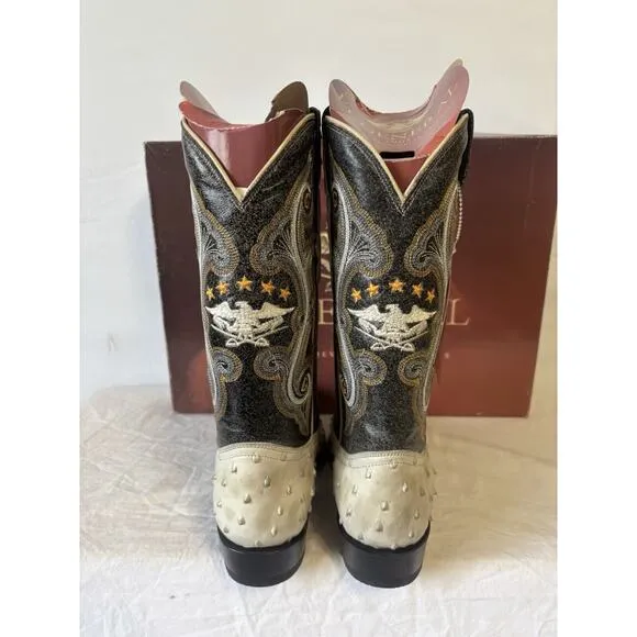 El General Cowboy Boots Brown/Ivory Leather Spot Design Ostrich Skin Mens Sz 6.5