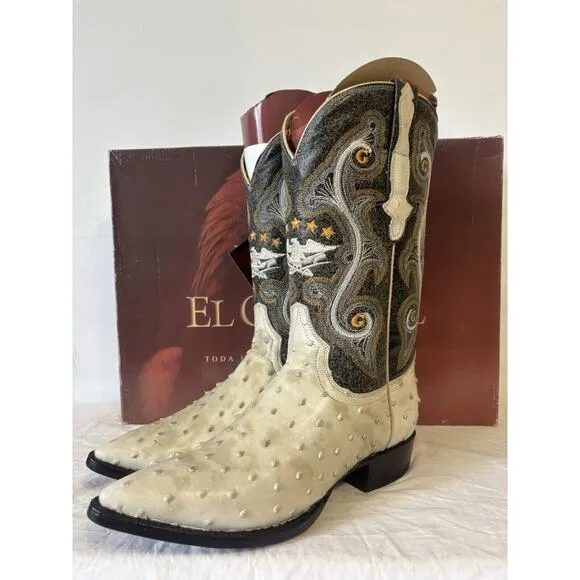 El General Cowboy Boots Brown/Ivory Leather Spot Design Ostrich Skin Mens Sz 6.5